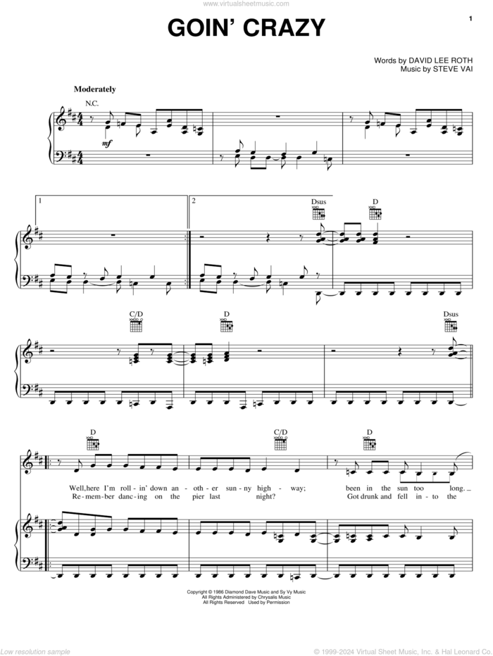 Goin' Crazy sheet music for voice, piano or guitar by David Lee Roth and Steve Vai, intermediate skill level
