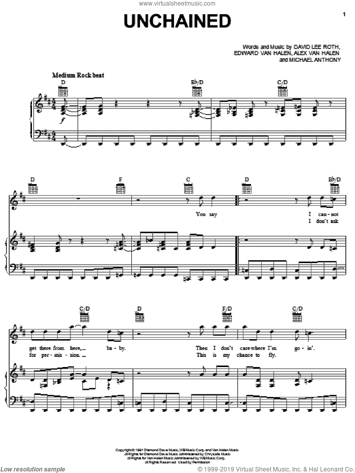 Unchained sheet music for voice, piano or guitar by Edward Van Halen, Alex Van Halen, David Lee Roth and Michael Anthony, intermediate skill level