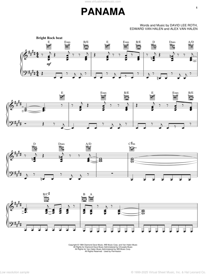 Panama sheet music for voice, piano or guitar by Edward Van Halen, Alex Van Halen and David Lee Roth, intermediate skill level