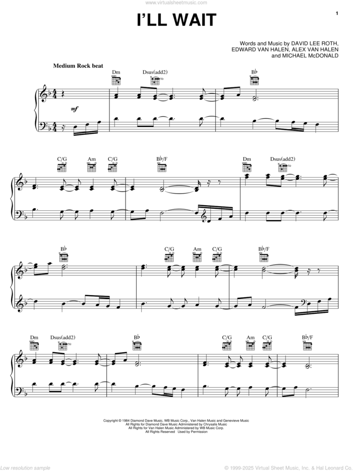 I'll Wait sheet music for voice, piano or guitar by Edward Van Halen, Alex Van Halen, David Lee Roth and Michael McDonald, intermediate skill level