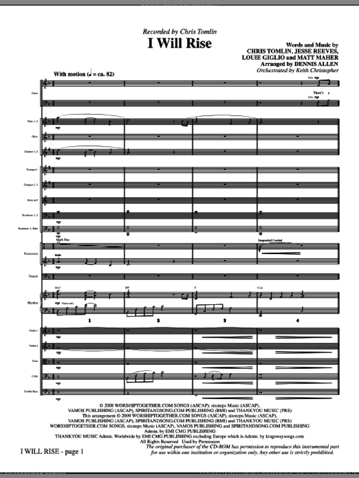 I Will Rise (COMPLETE) sheet music for orchestra/band (Orchestra) by Chris Tomlin, Dennis Allen, Jesse Reeves, Louis Giglio and Matt Maher, intermediate skill level