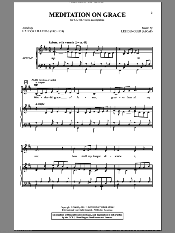 Meditation On Grace sheet music for choir (SATB: soprano, alto, tenor, bass) by Lee Dengler, intermediate skill level