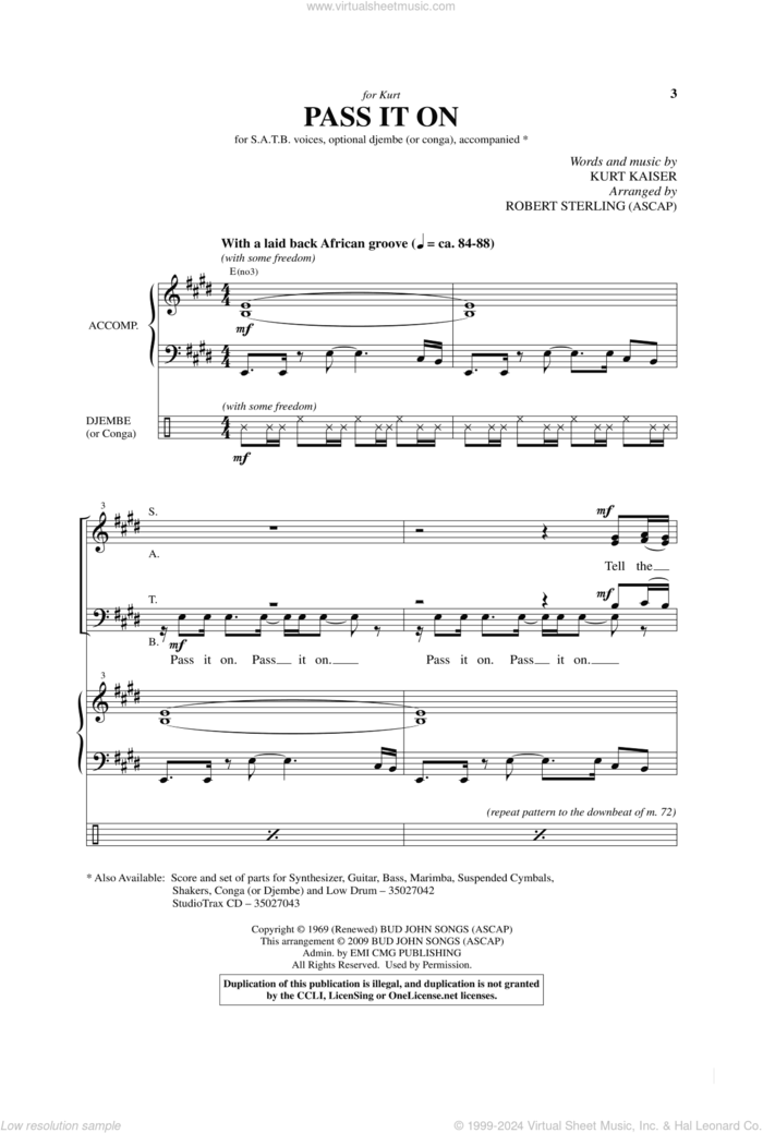 Pass It On sheet music for choir (SATB: soprano, alto, tenor, bass) by Kurt Kaiser and Robert Sterling, intermediate skill level