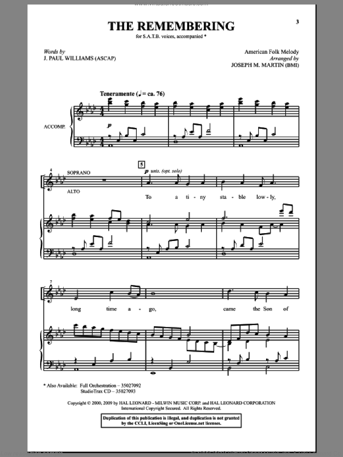 The Remembering sheet music for choir (SATB: soprano, alto, tenor, bass) by Joseph M. Martin, J. Paul Williams and Miscellaneous, intermediate skill level