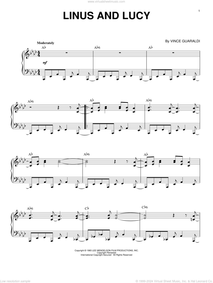 Linus And Lucy sheet music for piano solo by Vince Guaraldi, intermediate skill level