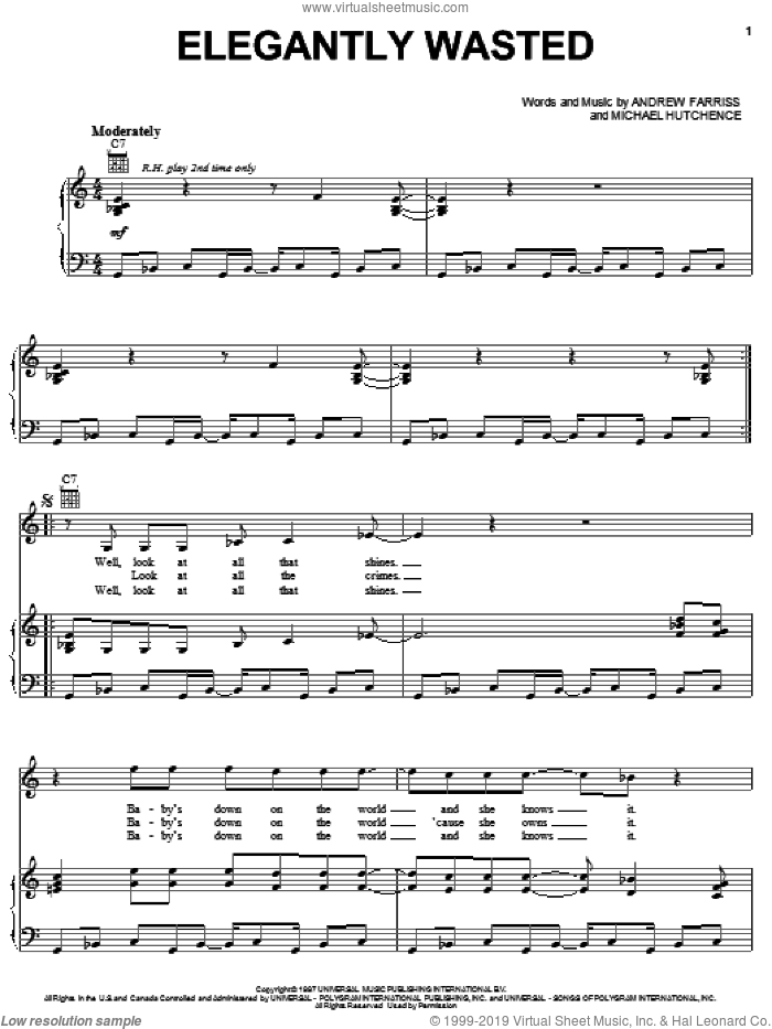 Elegantly Wasted sheet music for voice, piano or guitar by INXS, Andrew Farriss and Michael Hutchence, intermediate skill level