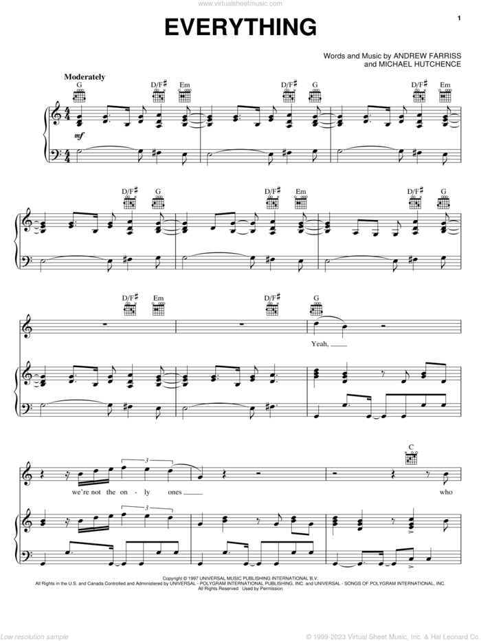 Everything sheet music for voice, piano or guitar by INXS, Andrew Farriss and Michael Hutchence, intermediate skill level