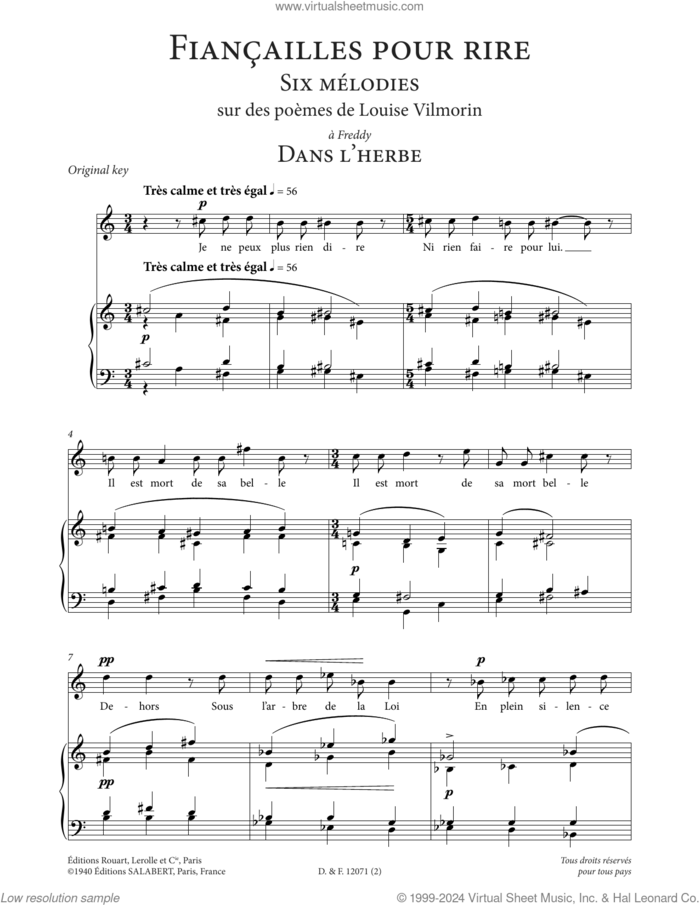 Dans l'herbe (High Voice) sheet music for voice and piano (High Voice) by Francis Poulenc and Louise de Vilmorin, classical score, intermediate skill level