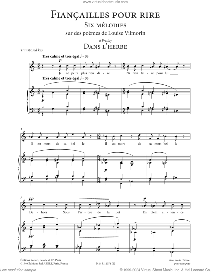 Dans l'herbe (Low Voice) sheet music for voice and piano (Low Voice) by Francis Poulenc and Louise de Vilmorin, classical score, intermediate skill level