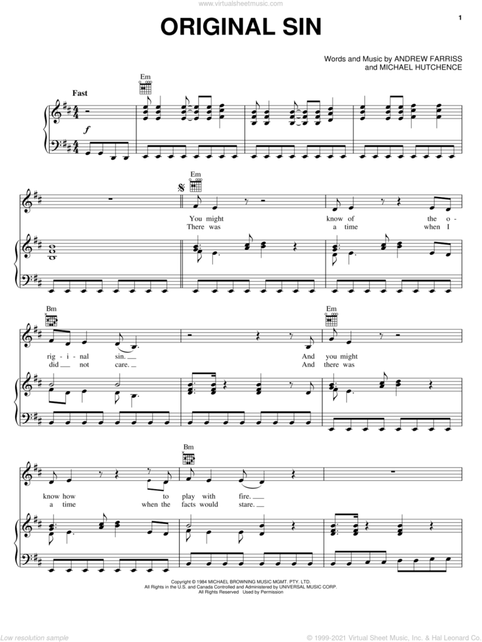 Original Sin sheet music for voice, piano or guitar by INXS, Andrew Farriss and Michael Hutchence, intermediate skill level