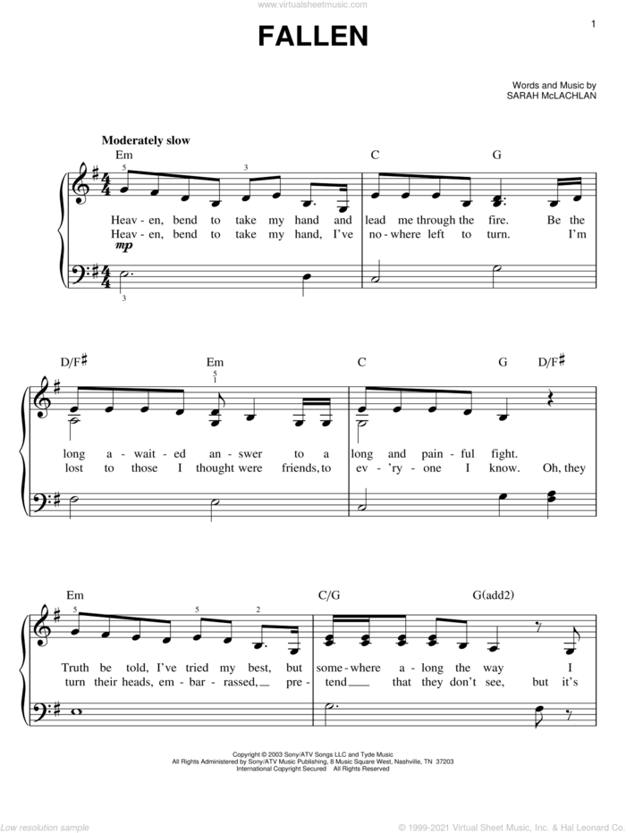 Fallen, (easy) sheet music for piano solo by Sarah McLachlan, easy skill level
