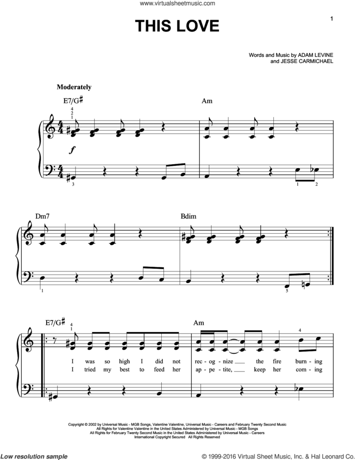 This Love sheet music for piano solo by Maroon 5, Adam Levine and Jesse Carmichael, easy skill level