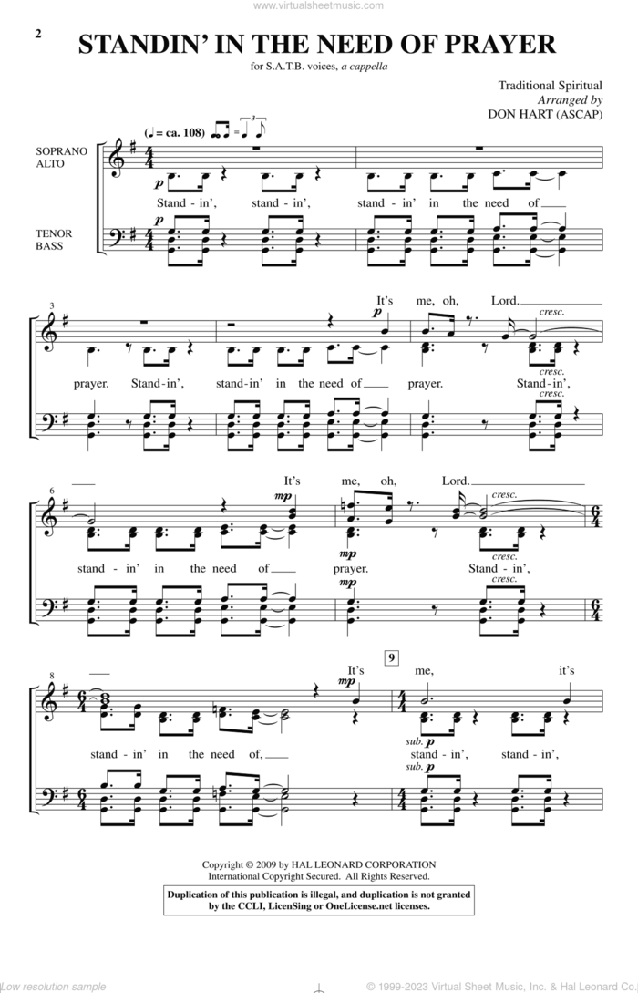 Standin' In The Need Of Prayer sheet music for choir (SATB: soprano, alto, tenor, bass) by Don Hart and Miscellaneous, intermediate skill level