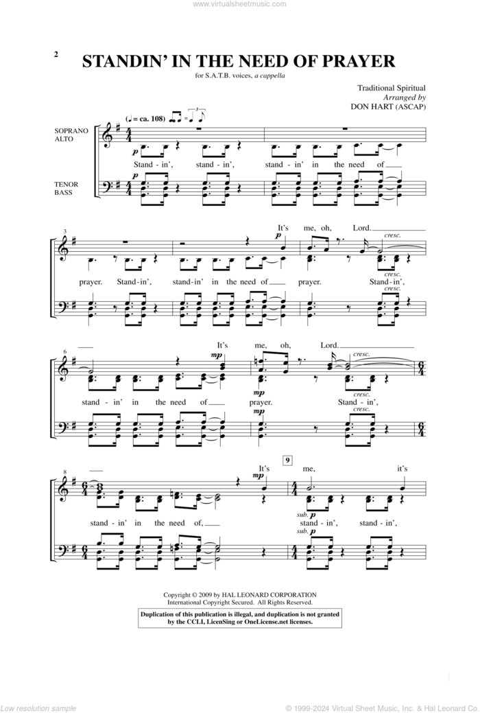 Standin' In The Need Of Prayer sheet music for choir (SATB: soprano, alto, tenor, bass) by Don Hart and Miscellaneous, intermediate skill level