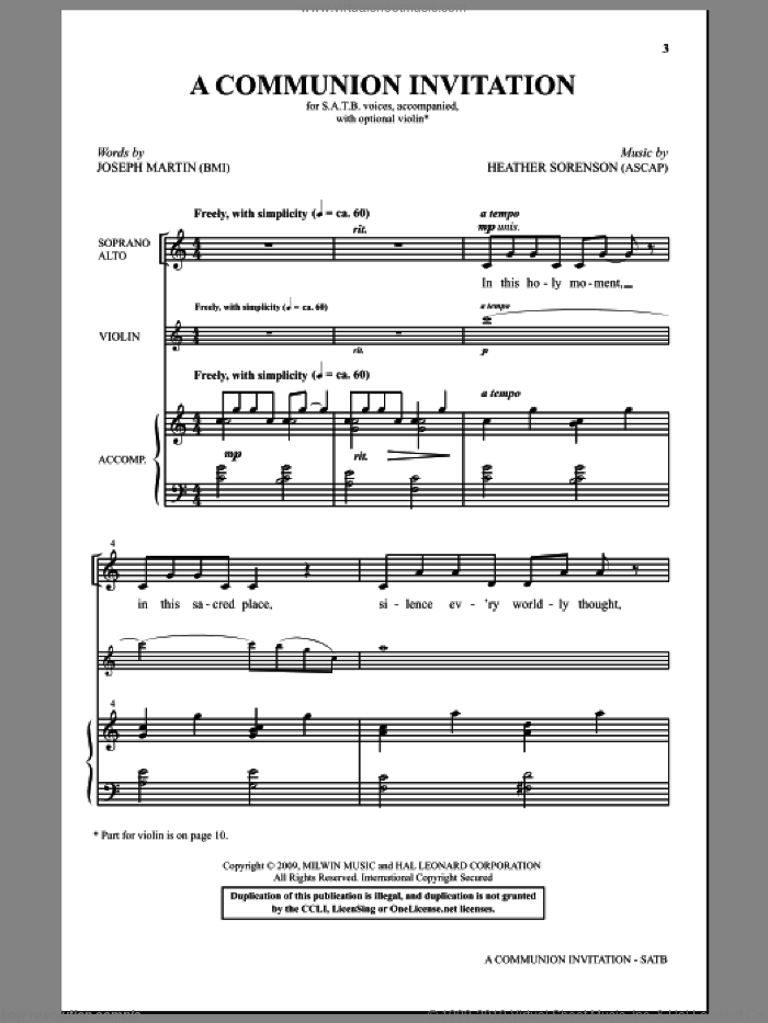 A Communion Invitation sheet music for choir (SATB: soprano, alto, tenor, bass) by Heather Sorenson and Joseph M. Martin, intermediate skill level