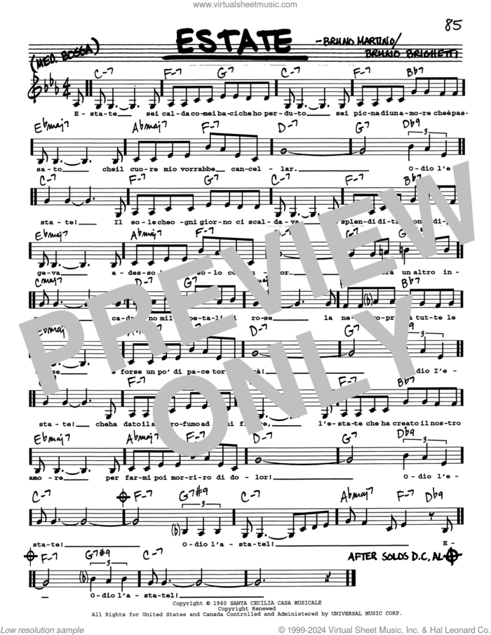 Estate (Low Voice) sheet music for voice and other instruments (real book with lyrics) by Bruno Brighetti and Bruno Martino, intermediate skill level