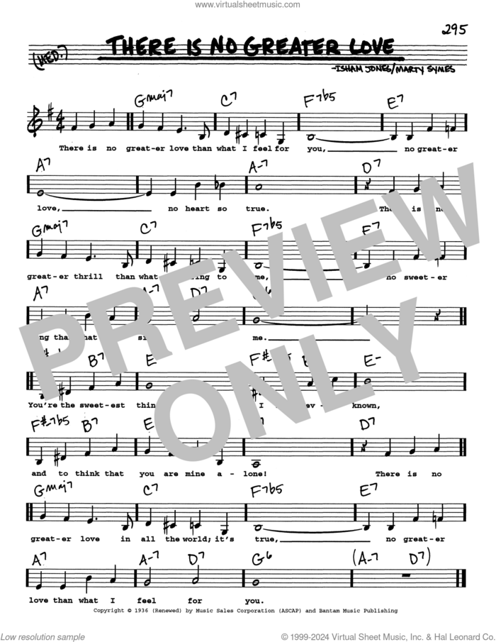(There Is) No Greater Love (Low Voice) sheet music for voice and other instruments (real book with lyrics) by Isham Jones and Marty Symes, intermediate skill level