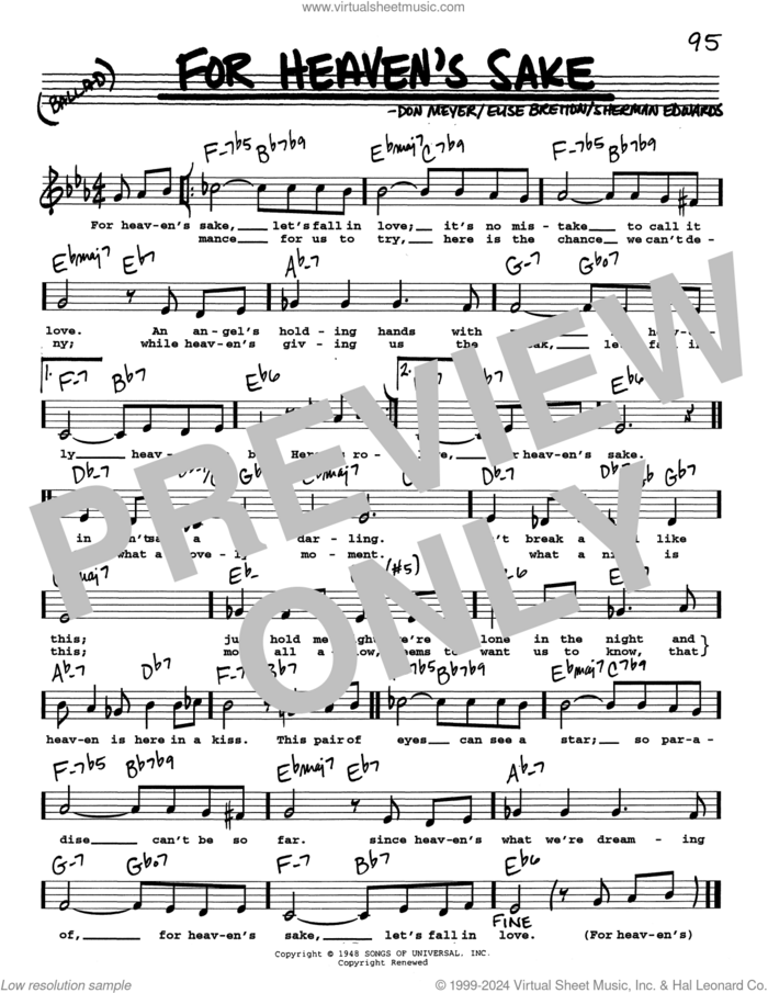 For Heaven's Sake (Low Voice) sheet music for voice and other instruments (real book with lyrics) by Claude Thornhill, Don Meyer, Elise Bretton and Sherman Edwards, intermediate skill level