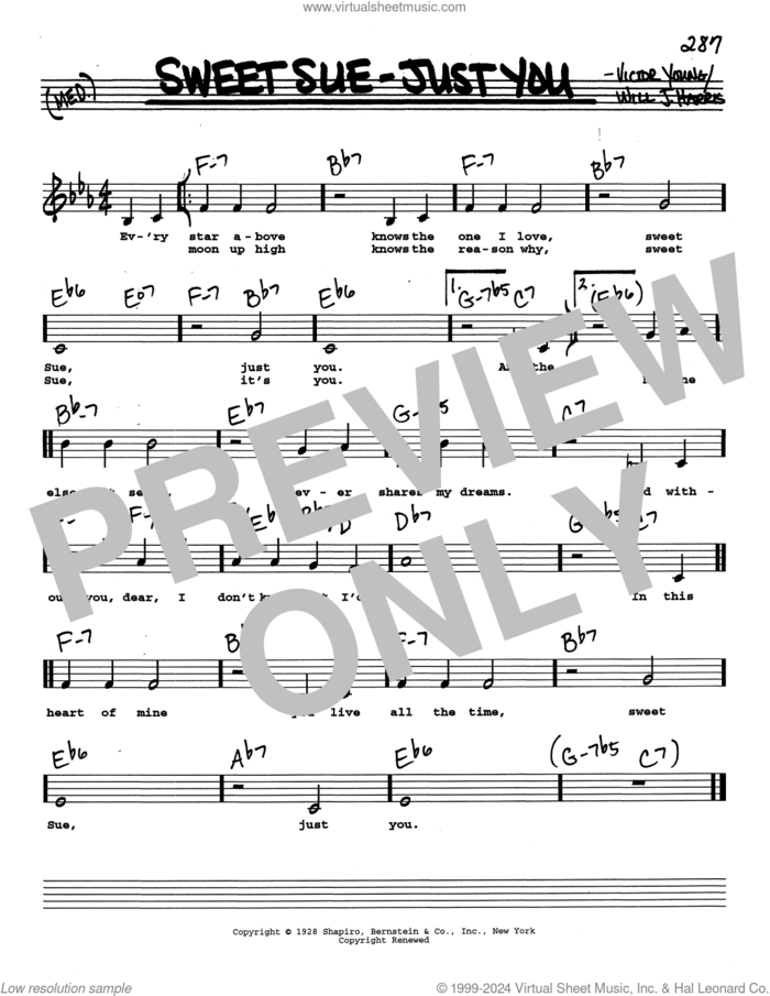 Sweet Sue-Just You (Low Voice) sheet music for voice and other instruments (real book with lyrics) by Victor Young and Will J. Harris, intermediate skill level