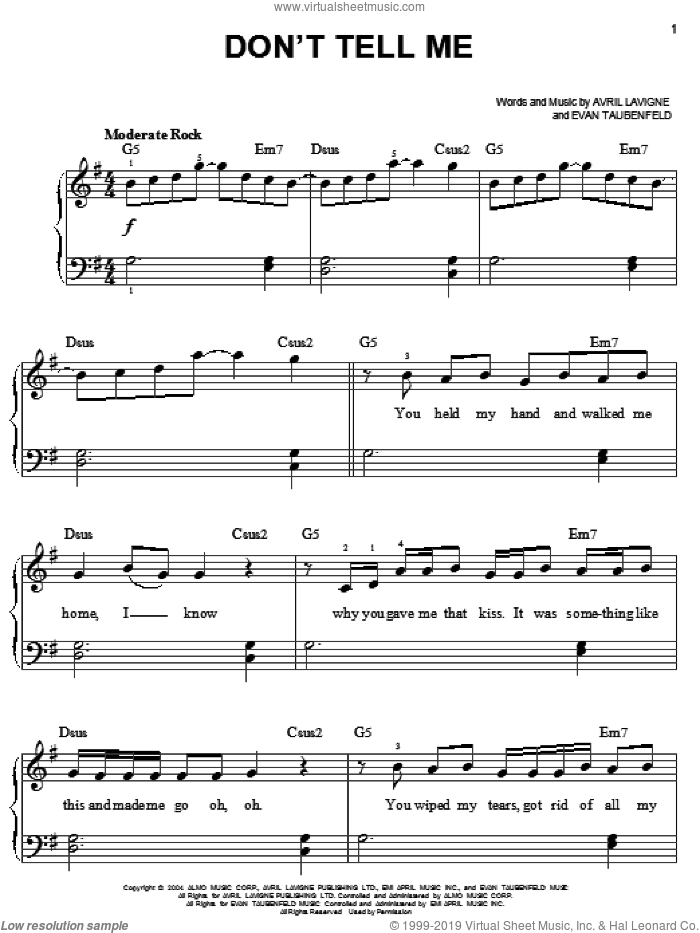 Don't Tell Me sheet music for piano solo by Avril Lavigne and Evan Taubenfeld, easy skill level