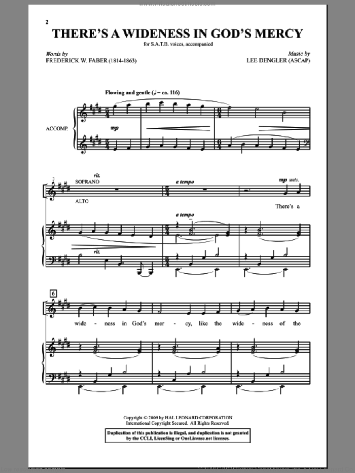There's A Wideness In God's Mercy sheet music for choir (SATB: soprano, alto, tenor, bass) by Lee Dengler and Frederick W. Faber, intermediate skill level