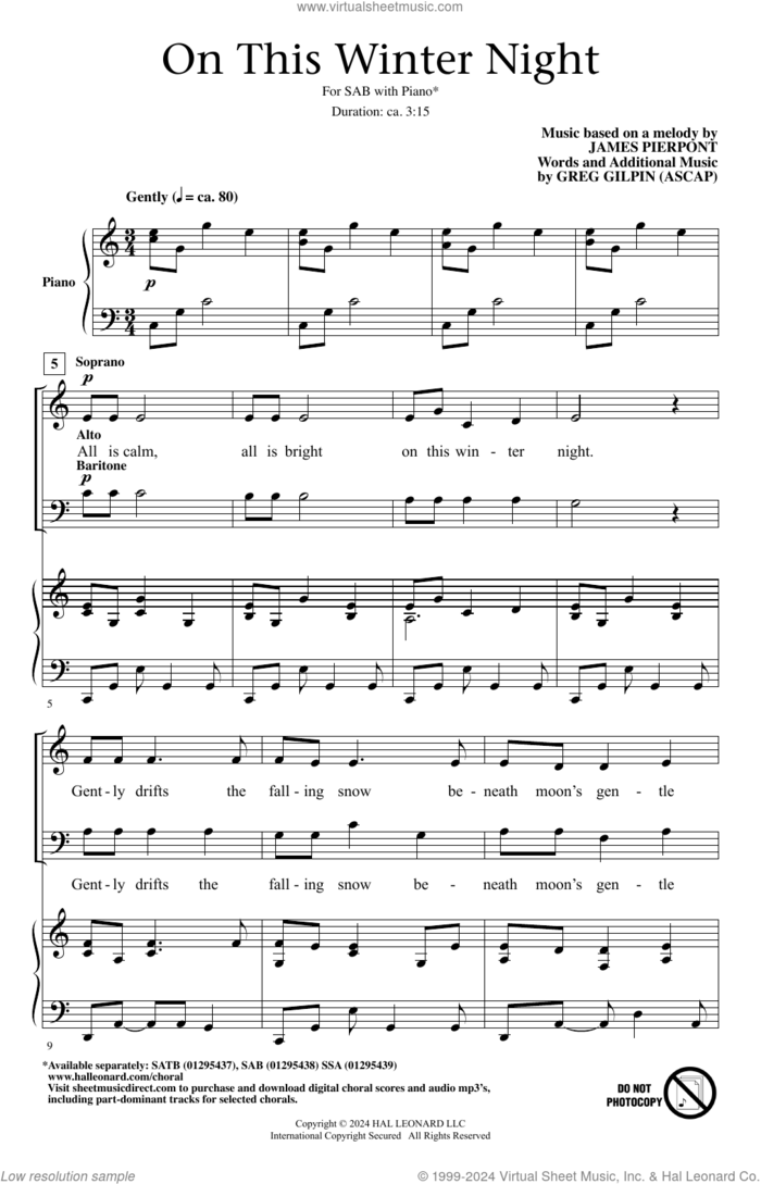 On This Winter Night sheet music for choir (SAB: soprano, alto, bass) by Greg Gilpin and James Pierpont, intermediate skill level