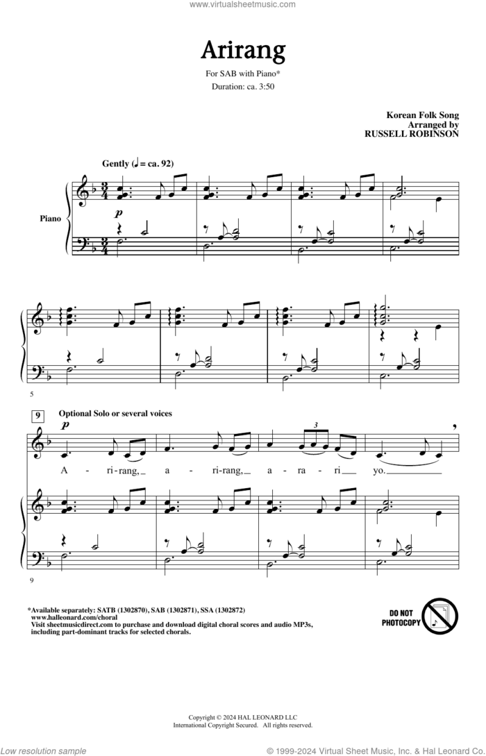 Arirang (arr. Russell Robinson) sheet music for choir (SAB: soprano, alto, bass) by Korean folk song and Russell Robinson, intermediate skill level
