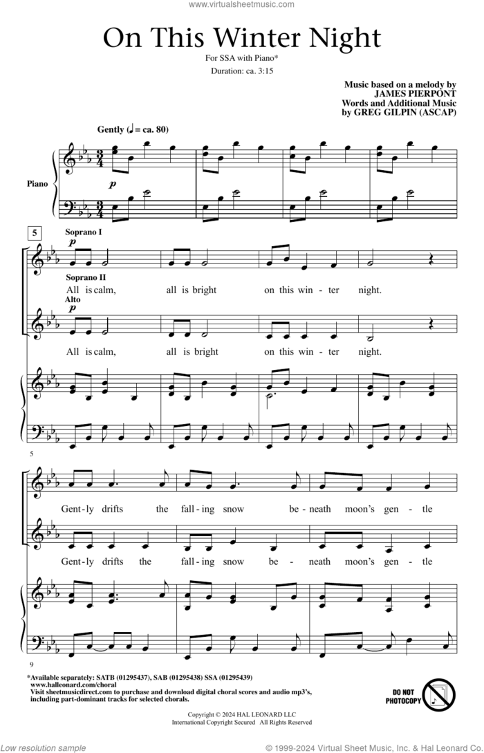 On This Winter Night sheet music for choir (SSA: soprano, alto) by Greg Gilpin and James Pierpont, intermediate skill level
