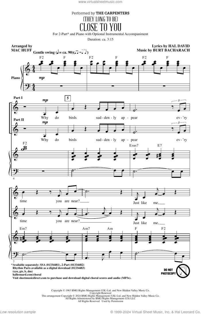 (They Long To Be) Close To You (arr. Mac Huff) sheet music for choir (2-Part) by Burt Bacharach, Mac Huff, Carpenters and Hal David, intermediate duet