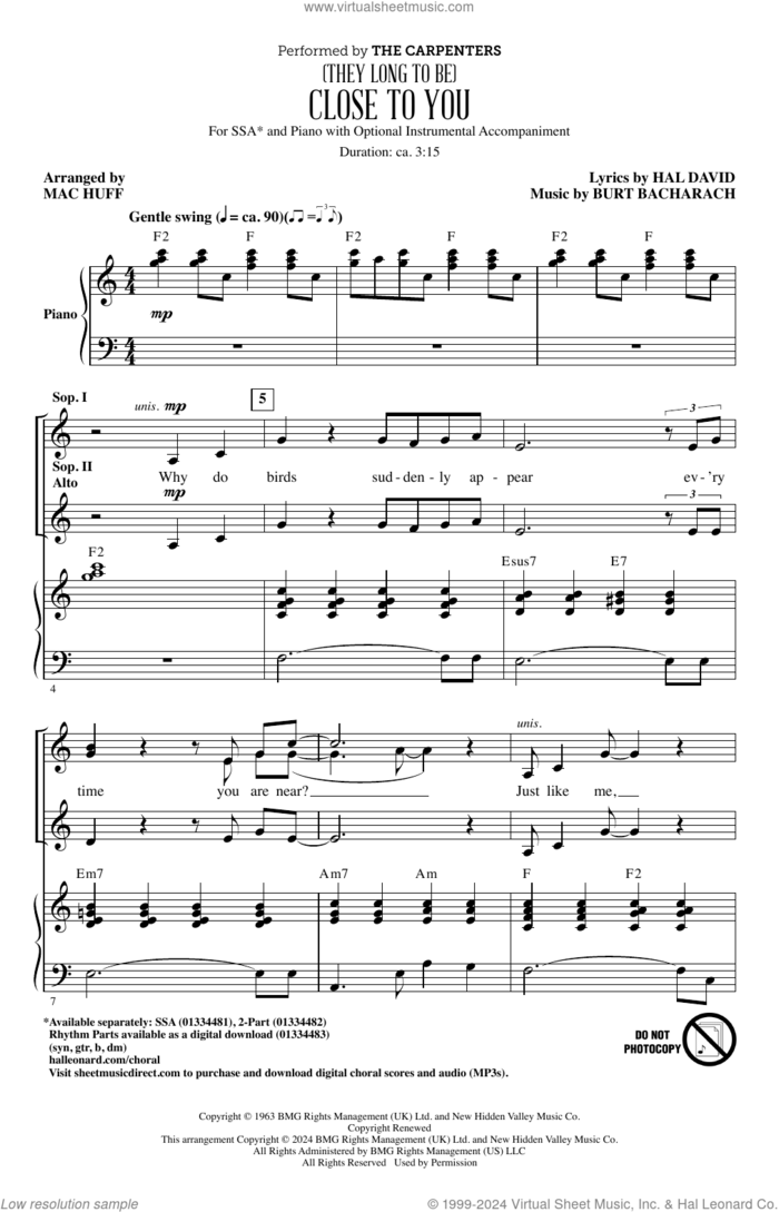 (They Long To Be) Close To You (arr. Mac Huff) sheet music for choir (SSA: soprano, alto) by Burt Bacharach, Mac Huff, Carpenters and Hal David, intermediate skill level