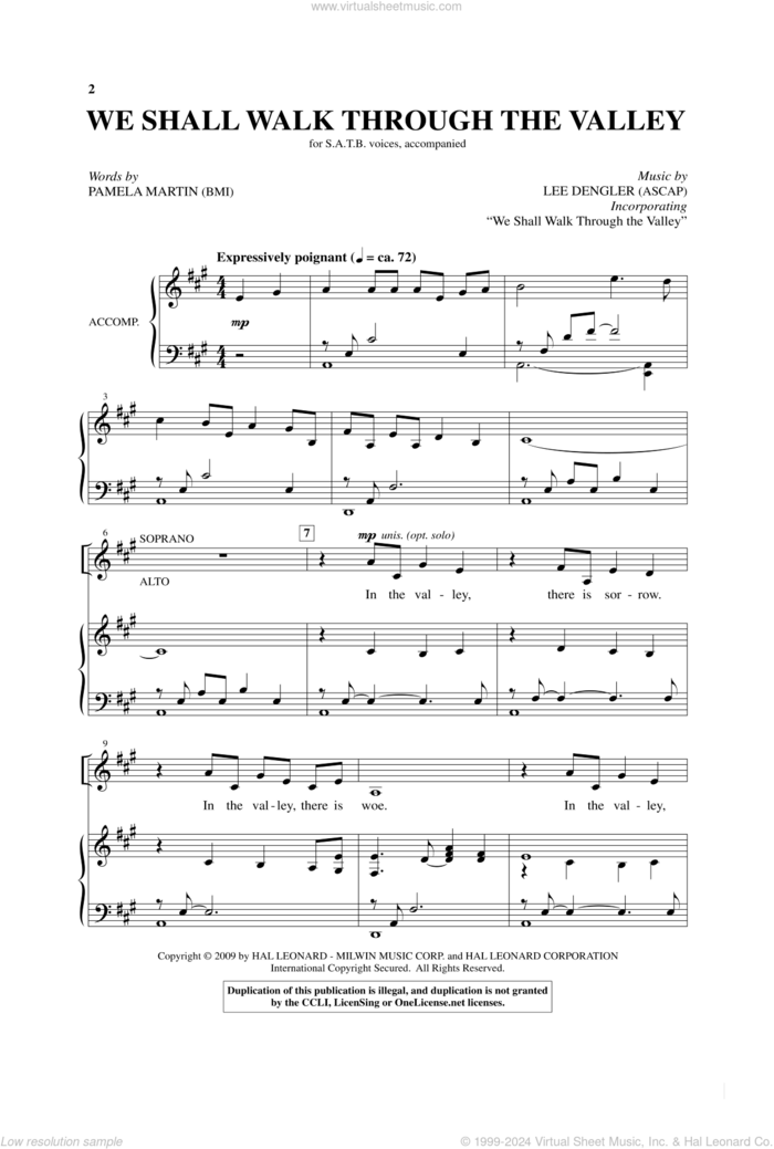 We Shall Walk Through The Valley In Peace sheet music for choir (SATB: soprano, alto, tenor, bass) by Lee Dengler and Pamela Martin, intermediate skill level