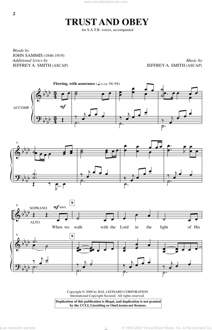 Trust And Obey sheet music for choir (SATB: soprano, alto, tenor, bass) by John H. Sammis and Jeffrey A. Smith, intermediate skill level