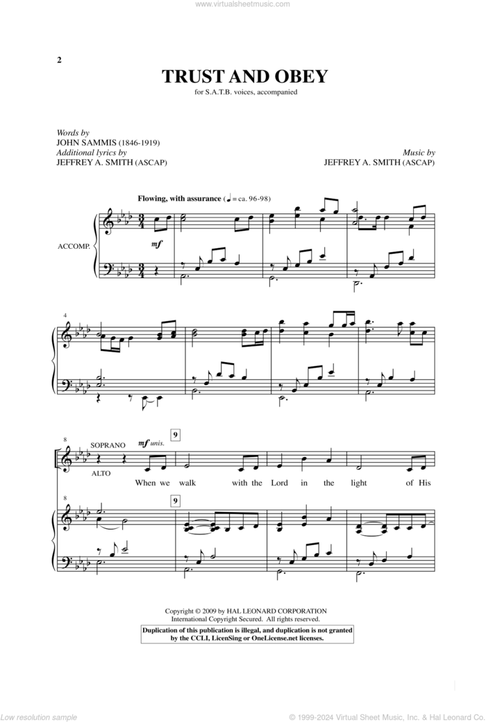 Trust And Obey sheet music for choir (SATB: soprano, alto, tenor, bass) by John H. Sammis and Jeffrey A. Smith, intermediate skill level