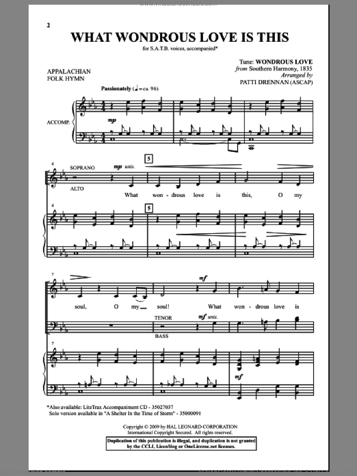 What Wondrous Love Is This sheet music for choir (SATB: soprano, alto, tenor, bass) by Patti Drennan, intermediate skill level