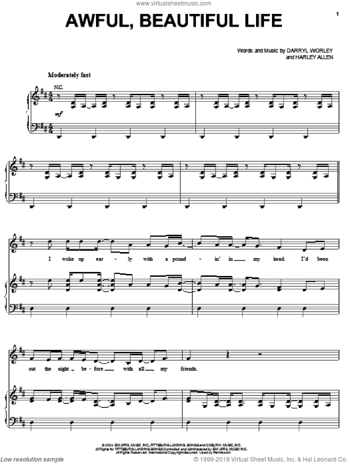 Awful, Beautiful Life sheet music for voice, piano or guitar by Darryl Worley and Harley Allen, intermediate skill level