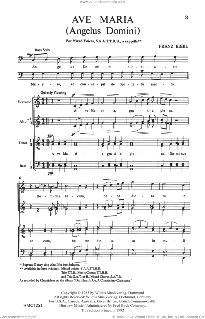 Ave Maria sheet music for choir (SAATTBB) by Franz Biebl, intermediate skill level
