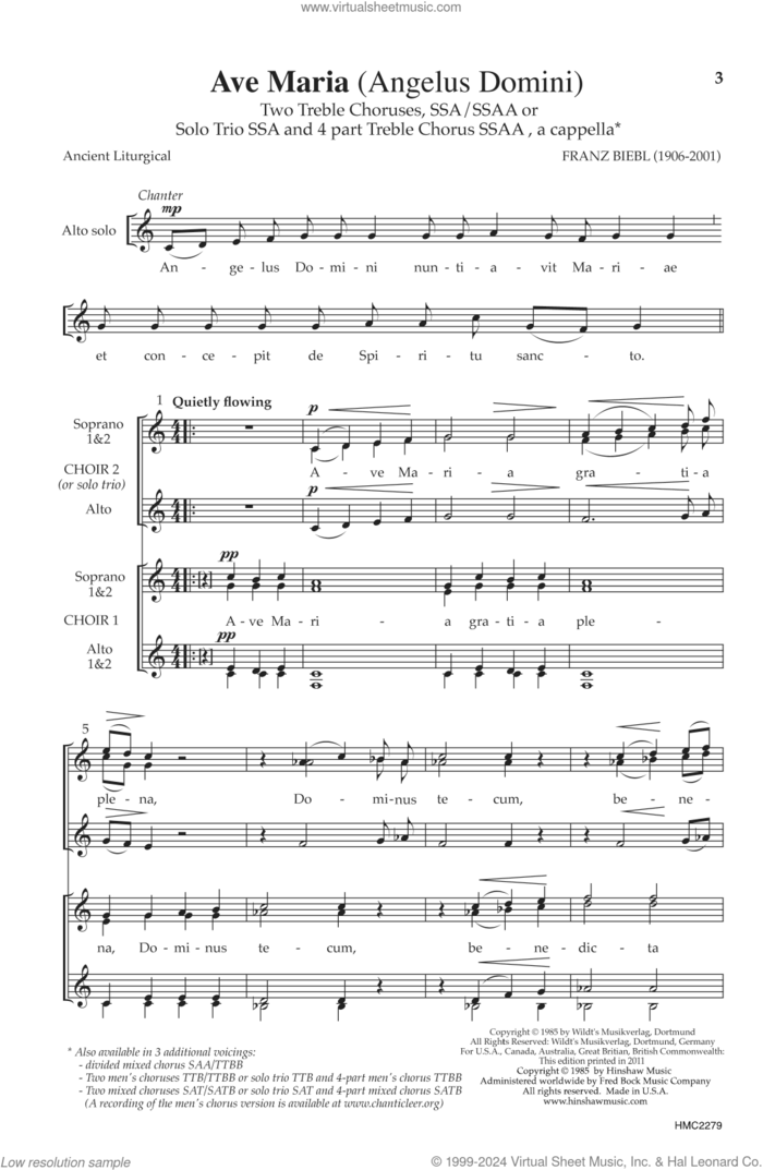 Ave Maria sheet music for choir (SSA: soprano, alto) by Franz Biebl, intermediate skill level
