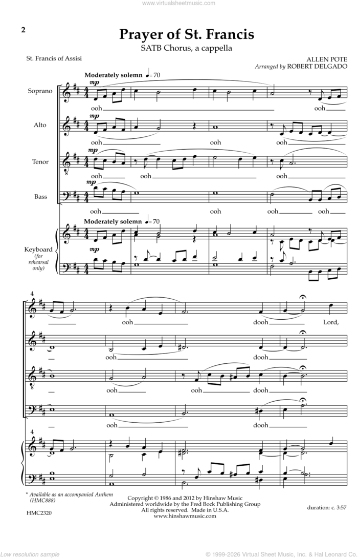 Prayer Of St. Francis (arr. Robert Delgado) sheet music for choir (SATB: soprano, alto, tenor, bass) by Allen Pote and St. Francis of Assisi, intermediate skill level