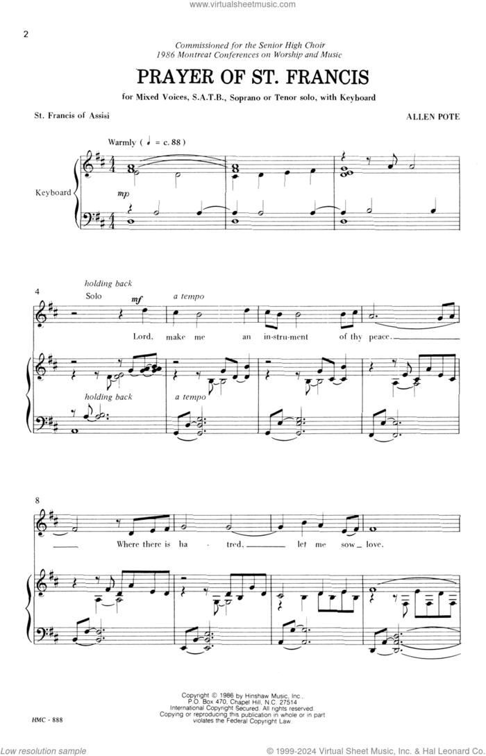 Prayer Of St. Francis sheet music for choir (SATB: soprano, alto, tenor, bass) by Allen Pote and St. Francis of Assisi, intermediate skill level