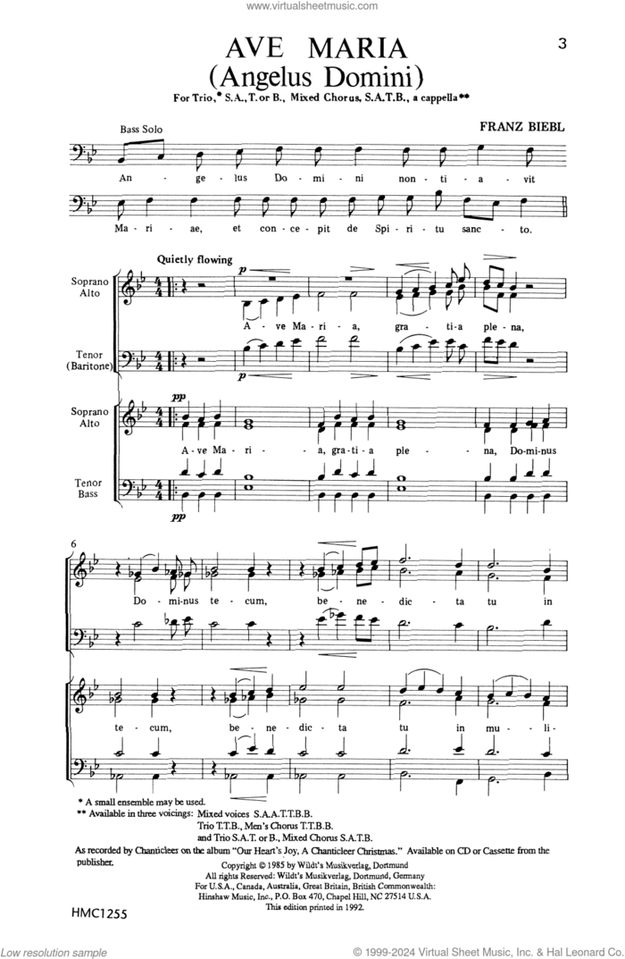 Ave Maria sheet music for choir (SAT: soprano, alto, tenor) by Franz Biebl, intermediate skill level