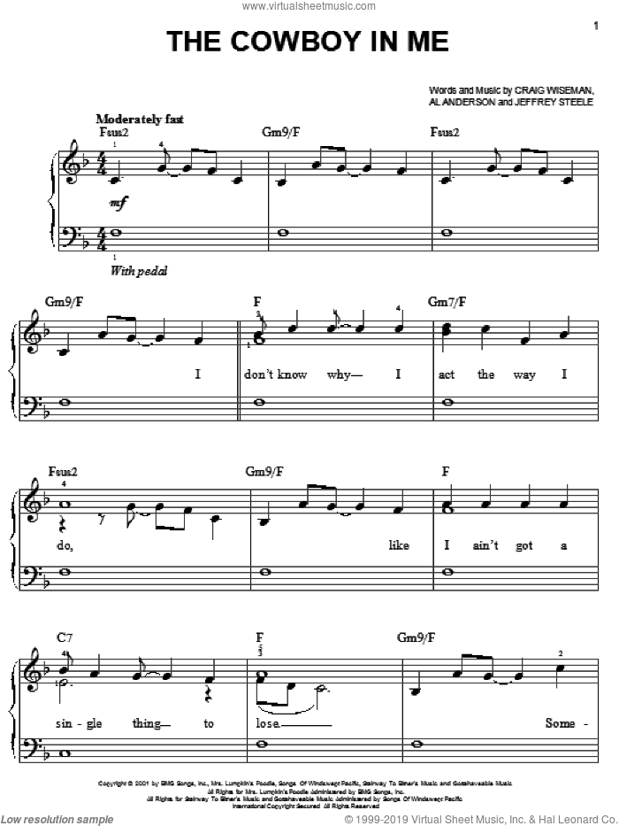The Cowboy In Me sheet music for piano solo by Tim McGraw, Al Anderson, Craig Wiseman and Jeffrey Steele, easy skill level
