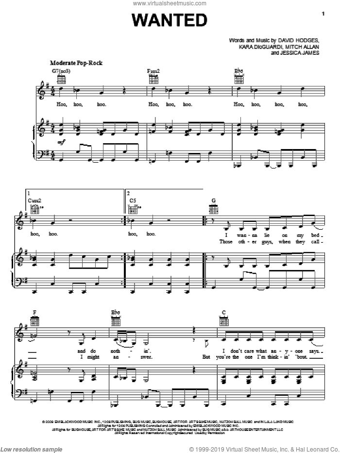 Wanted sheet music for voice, piano or guitar by Jessie James, David Hodges, Jessica James, Kara DioGuardi and Mitch Allan, intermediate skill level