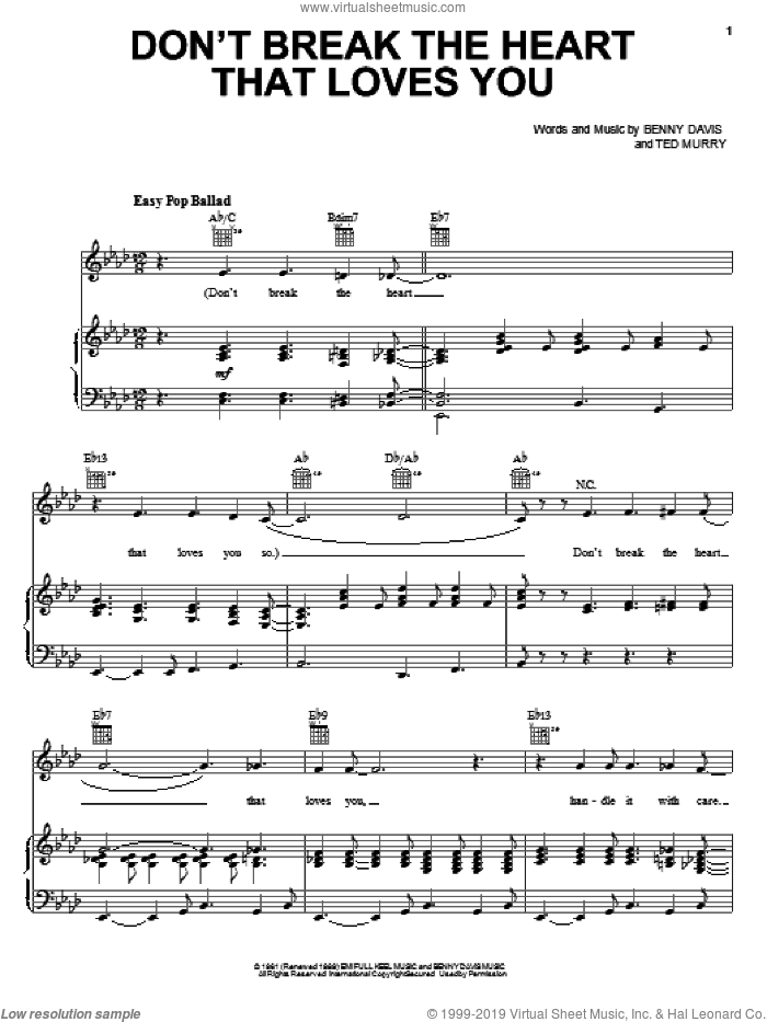 Don't Break The Heart That Loves You sheet music for voice, piano or guitar by Connie Francis, Margo Smith, Benny Davis and Ted Murry, intermediate skill level