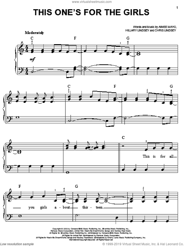 This One's For The Girls sheet music for piano solo by Martina McBride, Aimee Mayo, Chris Lindsey and Hillary Lindsey, easy skill level