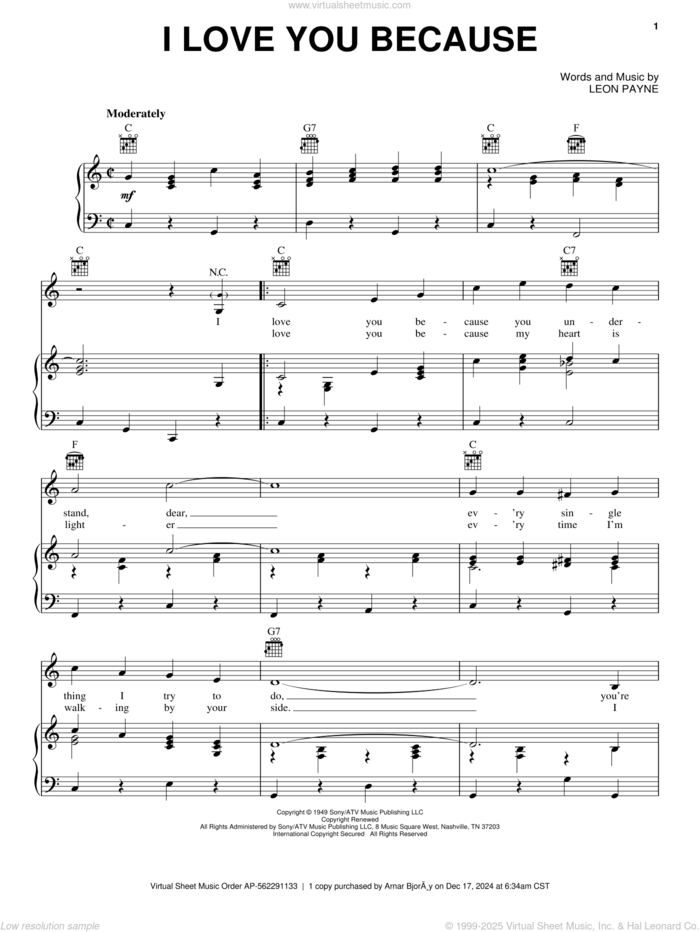 I Love You Because sheet music for voice, piano or guitar by Leon Payne, intermediate skill level