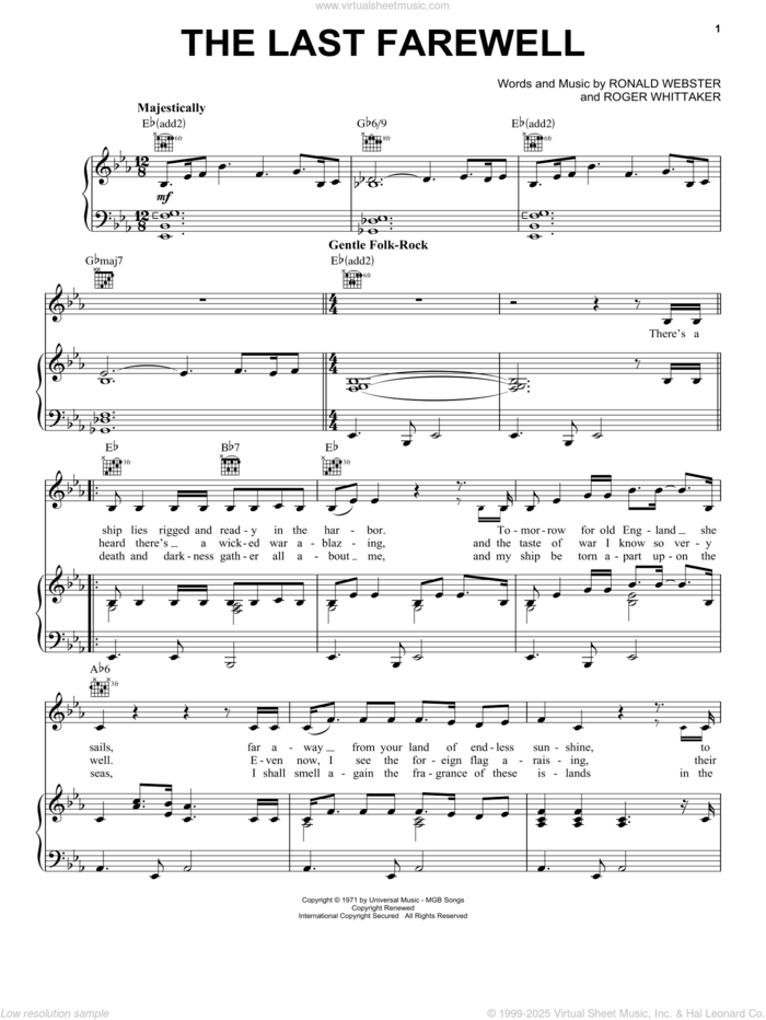 The Last Farewell sheet music for voice, piano or guitar by Roger Whittaker and Ronald Webster, intermediate skill level