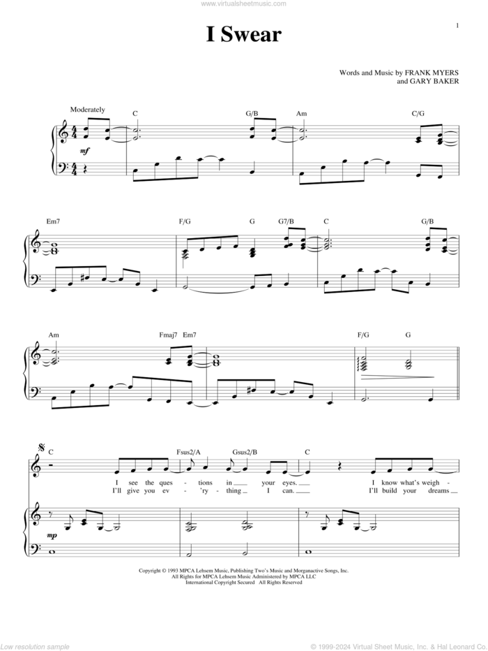 I Swear sheet music for voice and piano by John Michael Montgomery, All-4-One, David Foster, Frank Myers and Gary Baker, wedding score, intermediate skill level