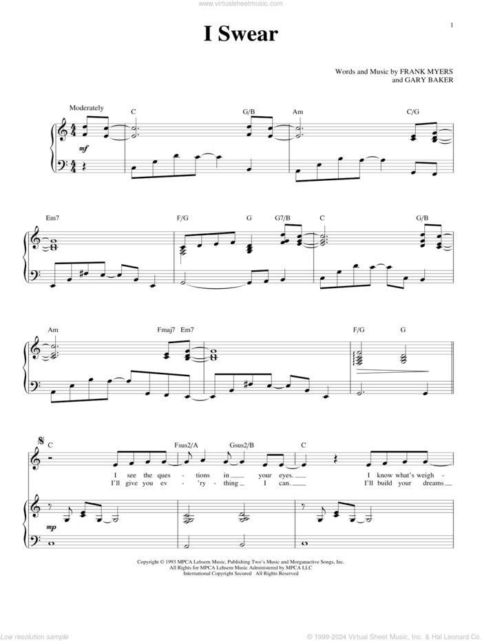 I Swear sheet music for voice and piano by John Michael Montgomery, All-4-One, David Foster, Frank Myers and Gary Baker, wedding score, intermediate skill level