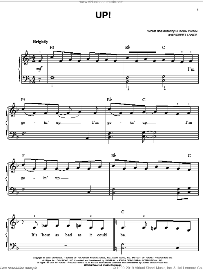 Up! sheet music for piano solo by Shania Twain and Robert John Lange, easy skill level