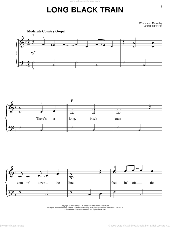 Long Black Train, (easy) sheet music for piano solo by Josh Turner, easy skill level